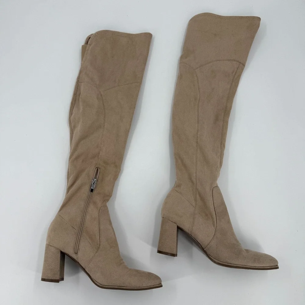 Marc Fisher Luley Over-The-Knee Boots Womens Size 7.5M Taupe Block Heel Side Zip